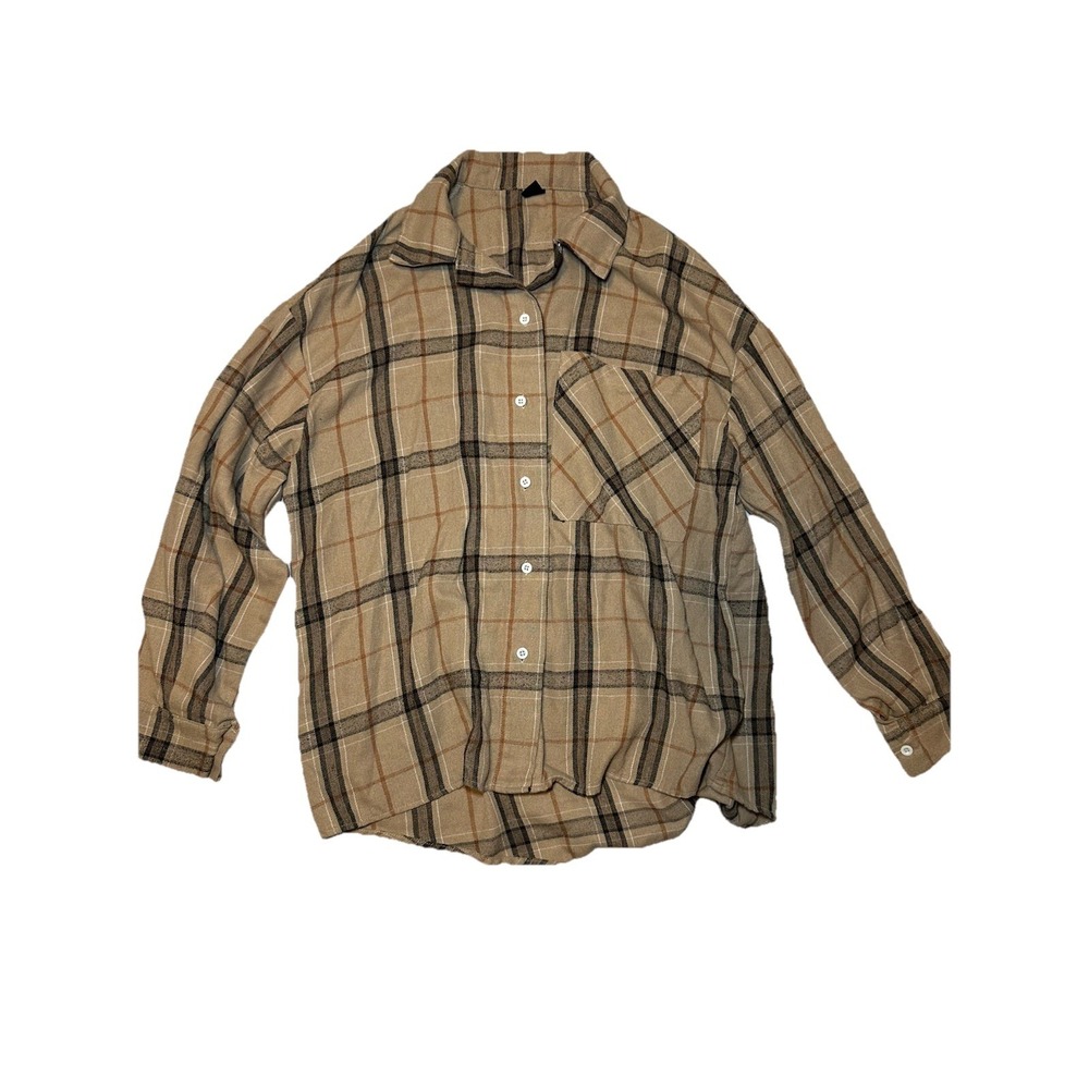 Beige Plaid Flannel Button Up Shirt Shacket Women's Medium Oversized Fall